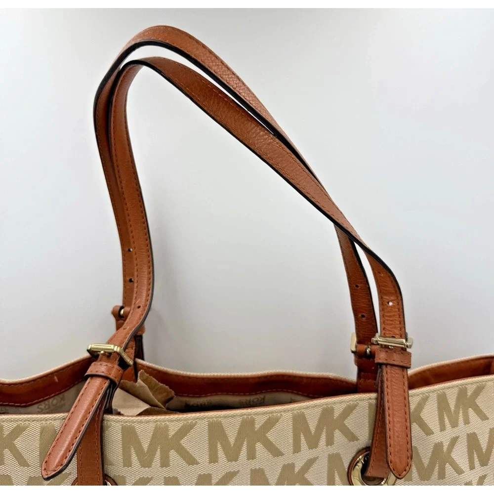 Michael Kors Jet Set MK Signature Jacquard Medium Tote Grab Bag Tan Neutral NEW‎